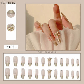 Fake Nail Patch dài mũi nhọn Nails Gold Bow Nail Art đã hoàn thiện mảnh móng AiOO-VN