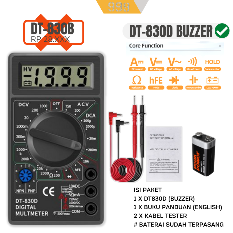 ASLI ADA BUZZERNYA + BONUS BATERAI Multitester - Multimeter - Avometer - Voltmeter Digital DT830 Dengan Buzzer Harga Murah Kualitas Terbaik