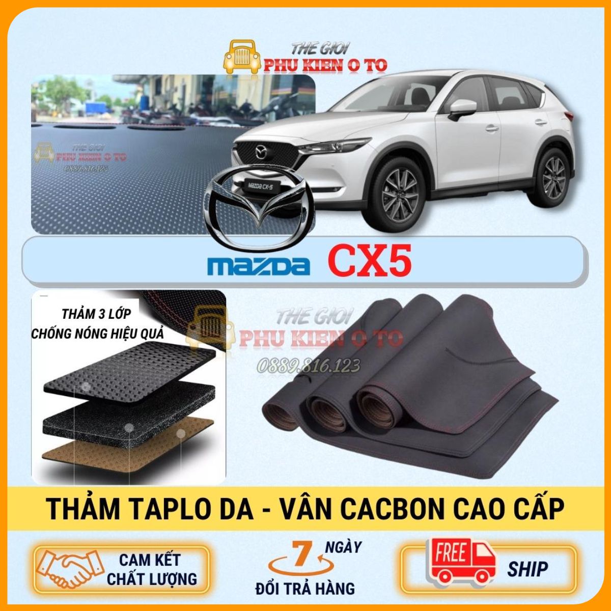 Thảm taplo Mazda CX5 2012 - 2022 da Carbon 3 lớp cao cấp , chống nóng ô tô hiệu quả
