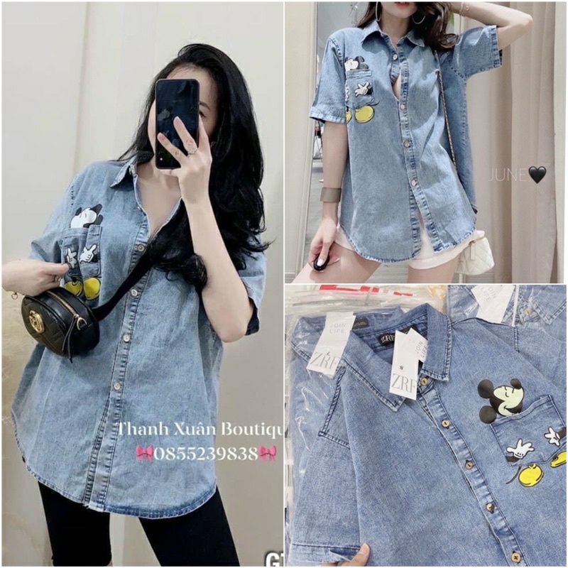 Áo sơ mi jeans bigsize túi mickey 50-90kg cho nàng chubby mn10