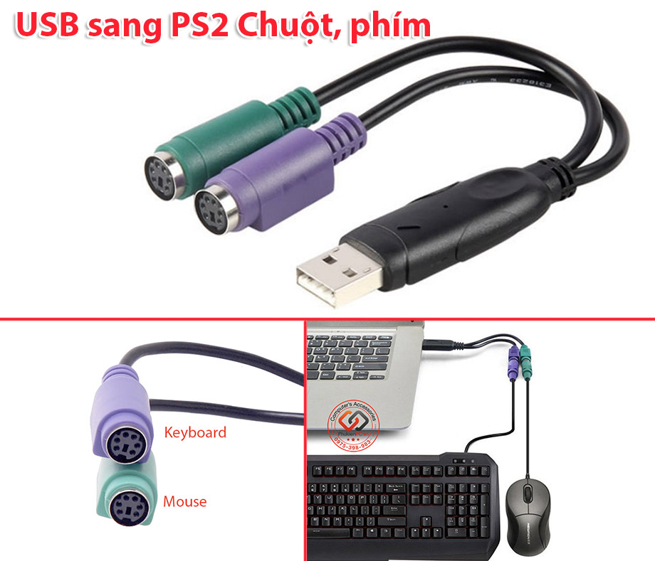 Đầu chuyển đổi USB sang PS2 chuột, PS2 bàn phím sử dụng song song, cắm phím chuột cổng tròn PS2 vào máy tính PC, laptop, máy tính đồng bộ, kvm switch