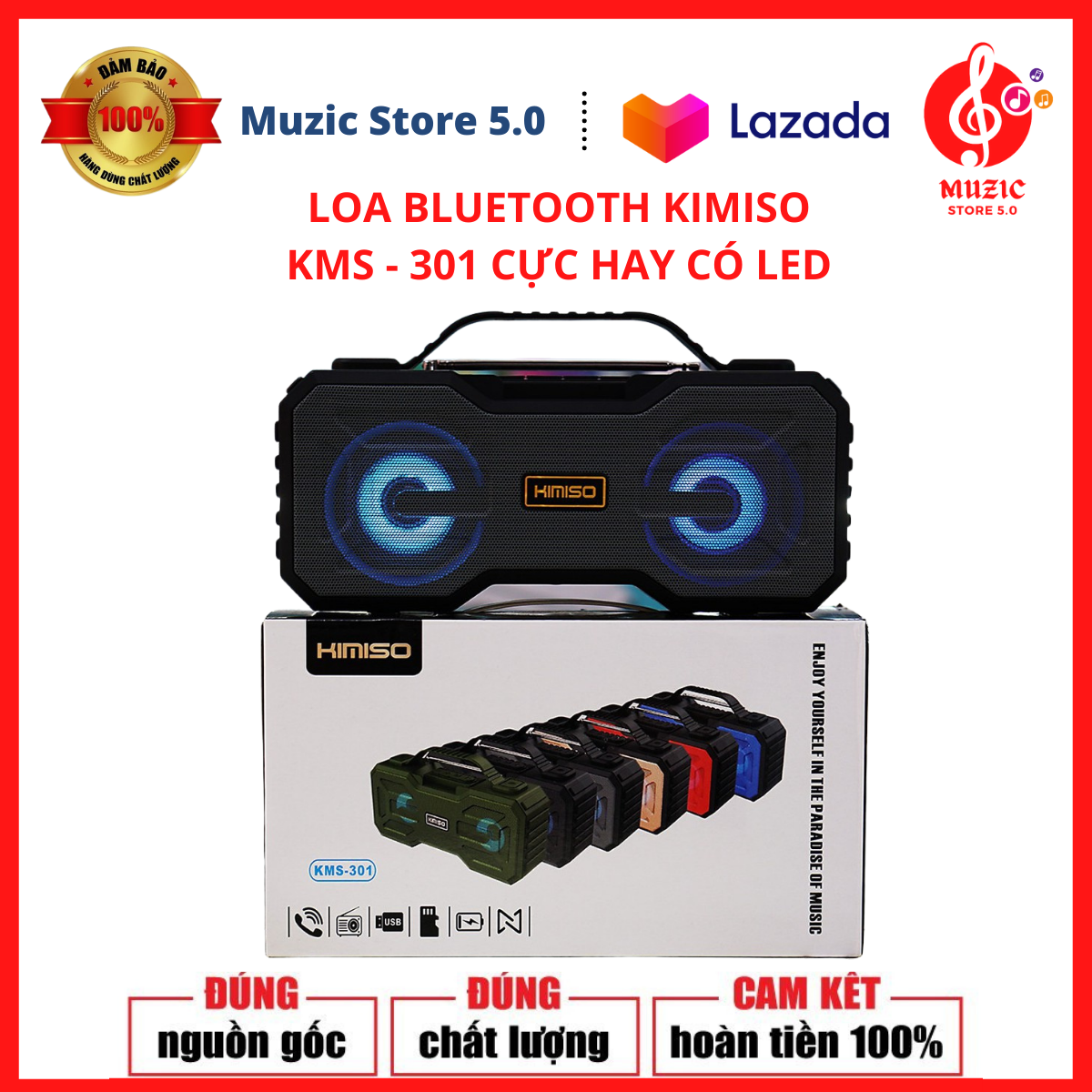 Loa bluetooth siêu bass kimiso kms-301. tích hợp 2 loa âm thanh trong, âm bass siêu trầm, có quai xách tiện lợi, đèn led đổi màu