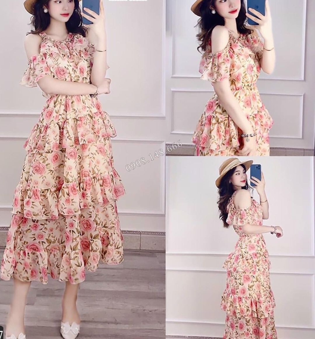 Váy voan hoa nhí khoét vai, đầm maxi in họa tiết boho 2 lớp savvy dress tt01280