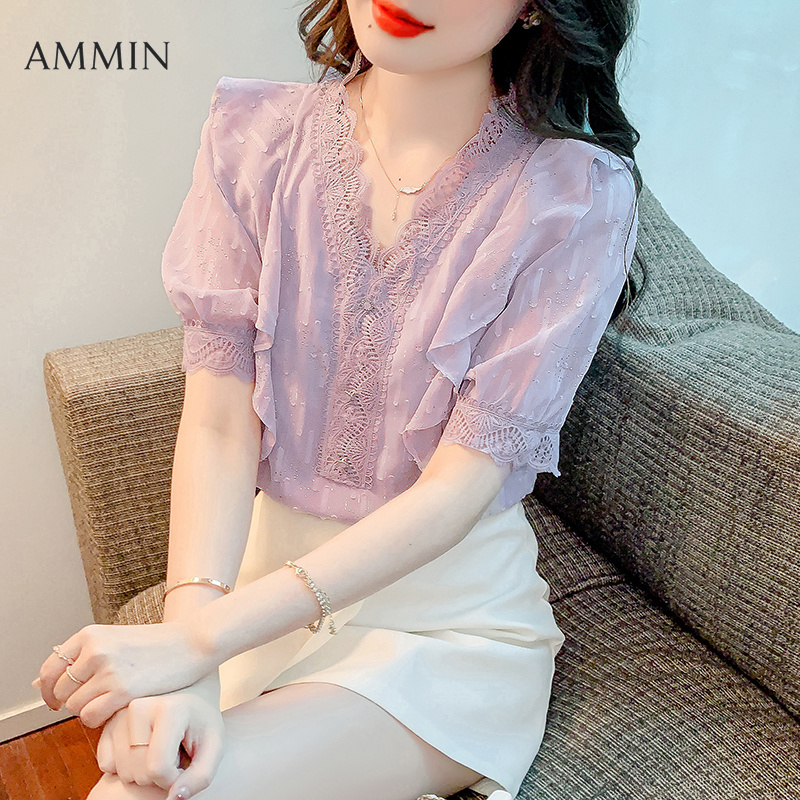 AMMIN Áo Ren Cổ Chữ V Cá Tính Thời Trang Phong Cách Hàn Quốc Cho Nữ Áo Voan Ren Màu Tím Xếp Nếp Khoét Lỗ Mới Mùa Hè 2022