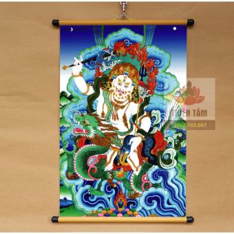 Tranh mật tông thangka Bạch Thần Tài Jambala 40x60cm bằng vải phủ bóng cao cấp dày dặn