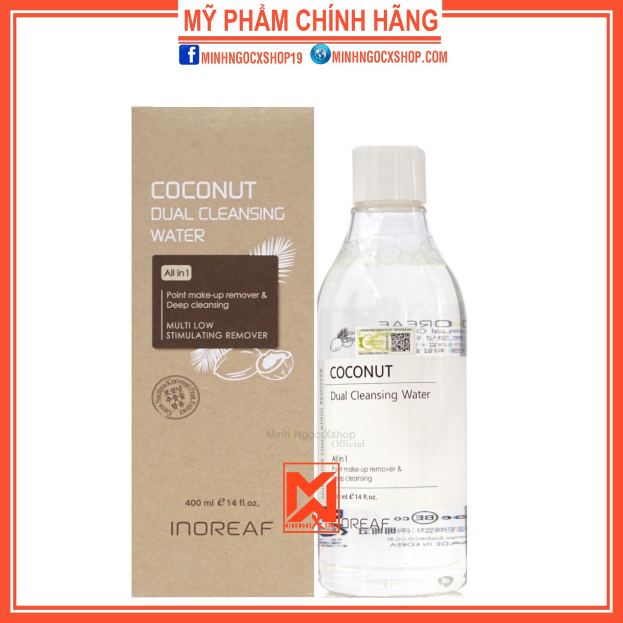 Nước tẩy trang Bebeco 400ml nước tẩy trang đa năng chiết suất dầu dừa Bebeco Inoreaf Coconut Dual Cl