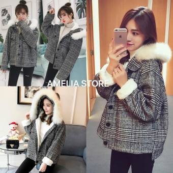 Áo khoác dạ- Áo khoác dạ kẻ caro lót lông cừu mũ lông 2 lớp ấm áp- Áo dạ kẻ tweed đen trắng dáng ngắn- áo khoác dạ nữ mũ lông phong cách ulzzang- áo khoác mùa đông nữ ấm áp hot 2022- áo khoác dạ tết thời trang hàn quốc, AMELIA