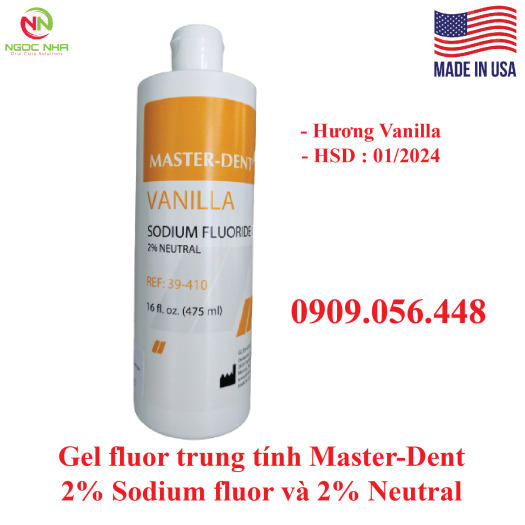 Gel ngậm fluor trung tính Master Dent 2% Sodium flour và 2% Neutral hương Vanilla ngừa sâu răng giảm ê buốt, gel flour dung tích 475ml