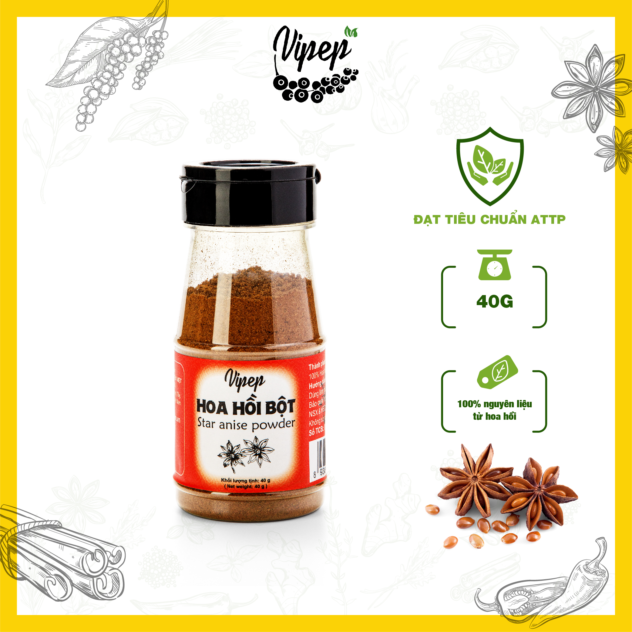 Bột hoa hồi Vipep nguyên chất 40g dùng làm gia vị ướp thịt, hải sản, tạo màu tự nhiên (hũ nhỏ giá dùng thử)