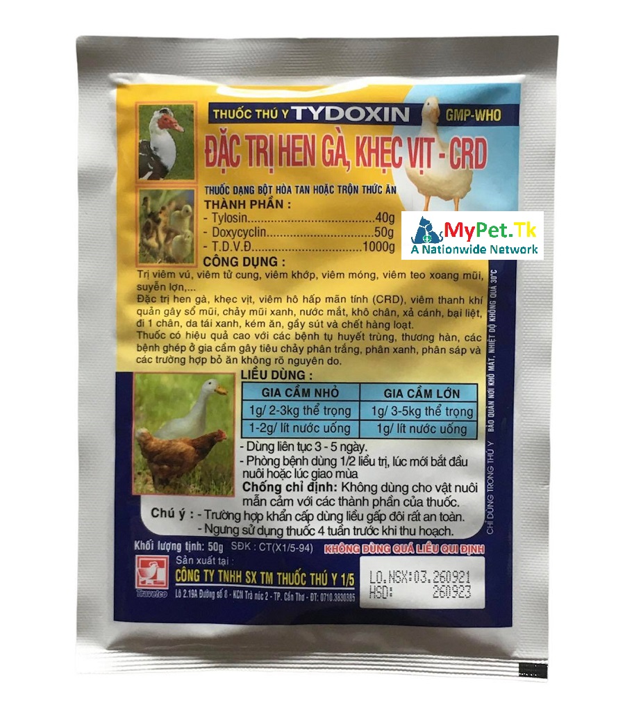 Đặt Trị Hen Gà, Khẹt Vịt CRD - Tydoxin 50G Cho Heo Trâu Bò Chim Cảnh Dê Cừu Ngan Ngỗng