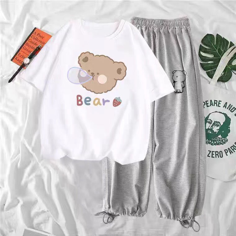 Sét Áo phông Bear + quần bom chun, Áo Thun From rộng mặc cho nam và nữ, áo kiểu, chất đẹp, rộng rãi thoải mái, Quần suông ống rộng, Quần kẻ, Sét bộ mặc ở nhà - THE THY