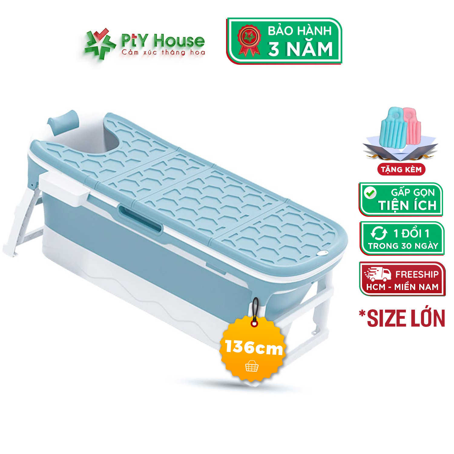 Bồn Tắm Gấp Gọn Người Lớn PTY HOUSE, Kích Thước 136cm Loại Có Nắp Chất Liệu Nhựa Siêu Bền Tặng Đệm Lót Tựa Lưng Bảo Hành 3 Năm Chính Hãng