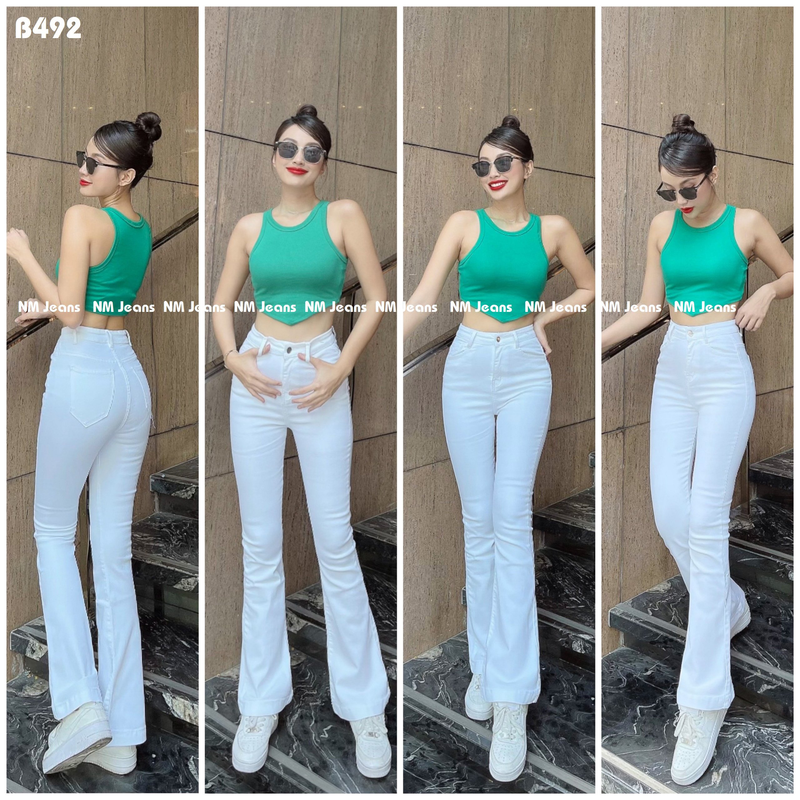 Quần jean nữ lưng cao ống loe màu trắng co giãn hình thật B492