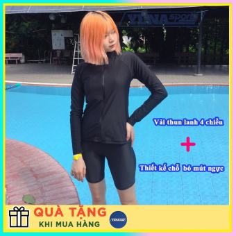 Đồ bơi nữ 2 mảnh tay dài quần lửng kín đáo đi biển đi bơi thun lạnh áo tay dài dây kéo quần dài che khuyết điểm | QP029