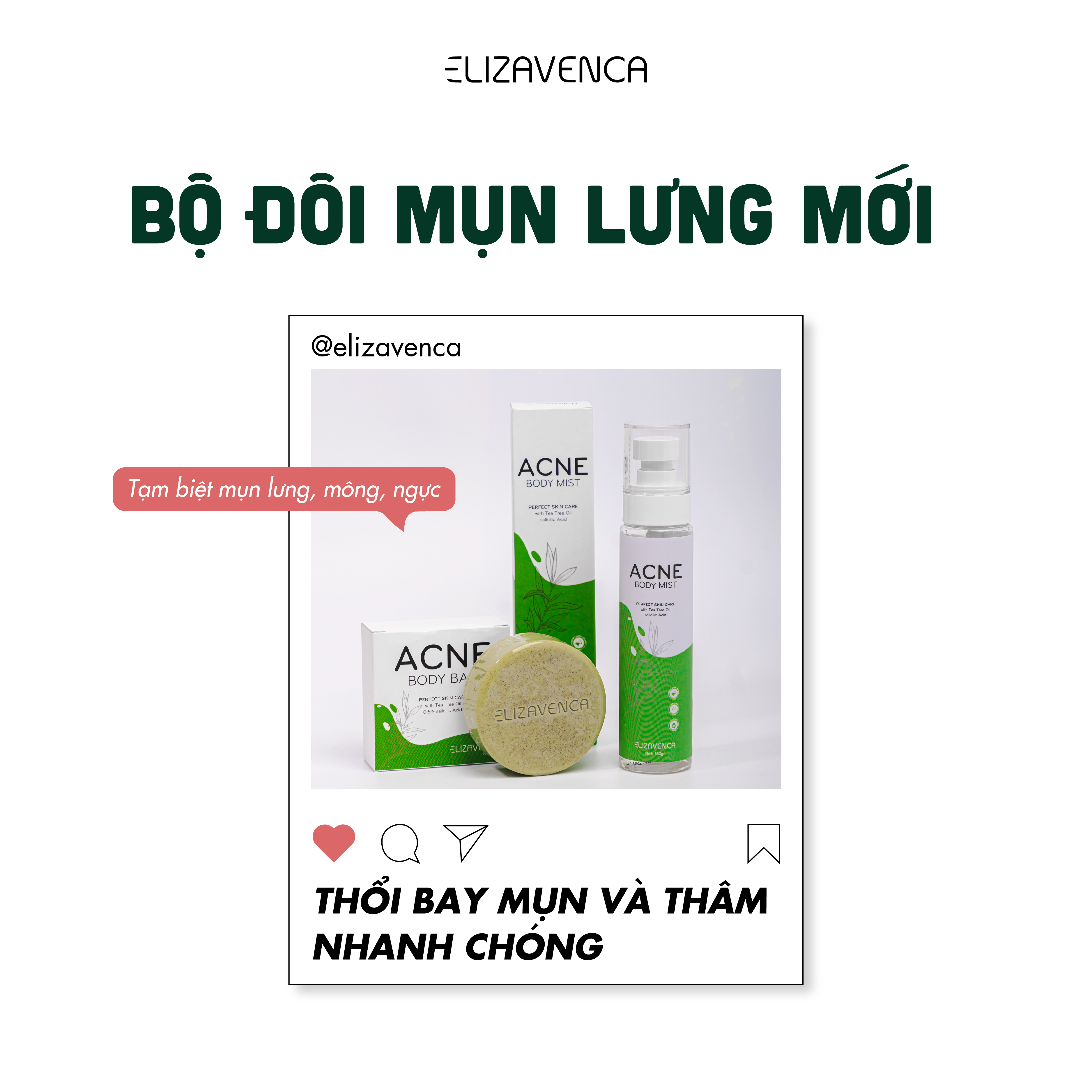 Bộ đôi xịt và xà phòng làm sạch mụn lưng và toàn thân elizavenca acne body bar