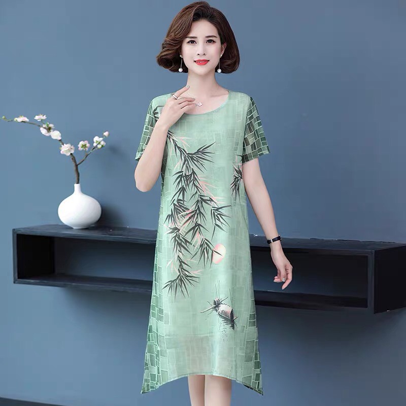 Đầm trung niên sang trọng họa tiết vải voan, váy trung niên