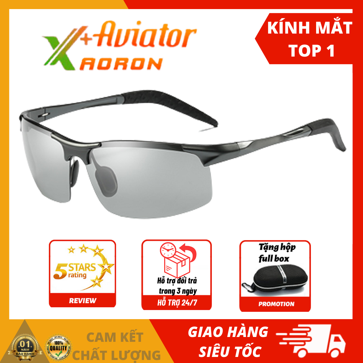 Kính NAM, Kính đổi màu đi ngày và đêm cao cấp AORON8177 gọng Nhôm Magiê nhẹ, mắt kính polarized phân cực chống UV chuẩn 400, Mắt Kính Nam Thời Trang Kiểu Dáng  Phi Công Ngăn Bụi Khi Lái Xe