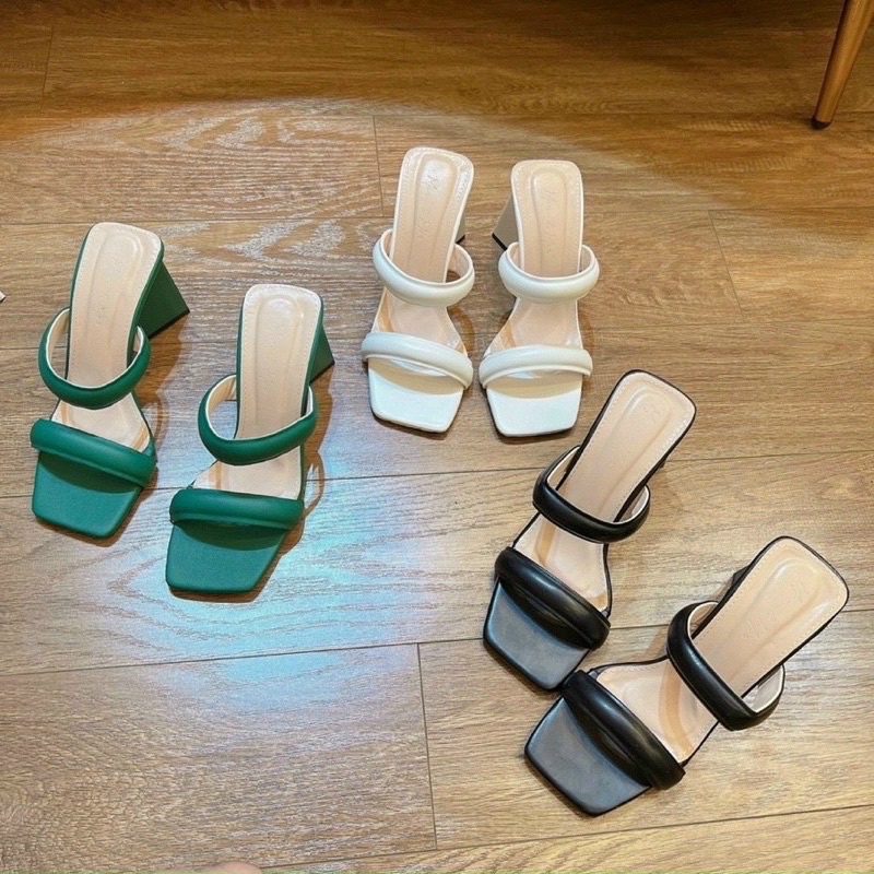 Guốc nữ cao gót đế tam giác 9 phân 2 quai ngang phồng