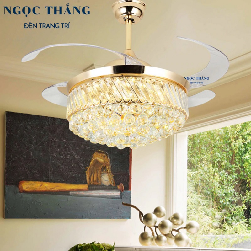 Quạt trần đèn chùm pha lê cánh xếp trang trí phòng khách cao cấp vf19 ngọc thắng