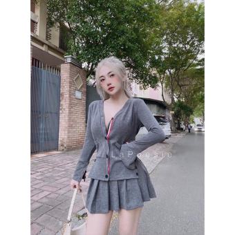 Set bộ váy áo len Thom sọc chân váy xếp li ngắn đồ bộ len tăm nữ thu đông
