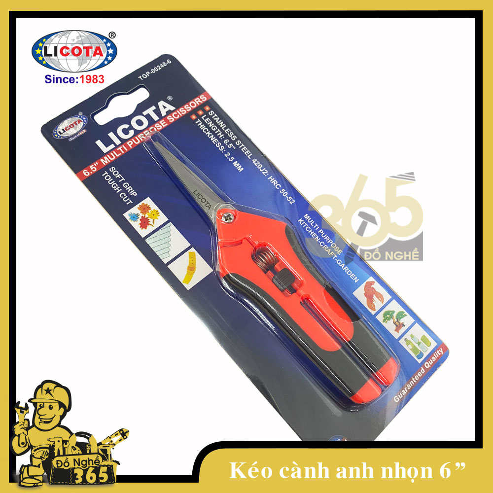 Kéo cắt cành lưỡi nhọn dài 6" mỏ nhọn, hiệu LICOTA , kéo chuyên phục vụ làm vườn tạo dáng cắt tỉa cây cảnh và hái quả có thể cắt nhiều vật dụng mềm phục vụ nội tr