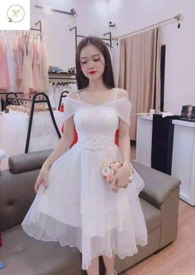 Đầm lưới tầng xòe bẹt vai Hvy