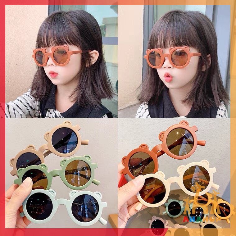 Kính râm chống tia UV Gọng tròn tai Gấu nhiều màu cho bé