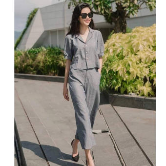 Set bộ linen áo cổ 2 ve dáng lửng và quần ống rộng, thời trang phong cách trẻ - Xám