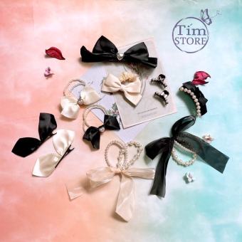 Dây cột tóc, kẹp gấp bấu tóc nơ đen trắng TIMSTORE, thời trang nơ buộc tóc phong cách hàn quốc