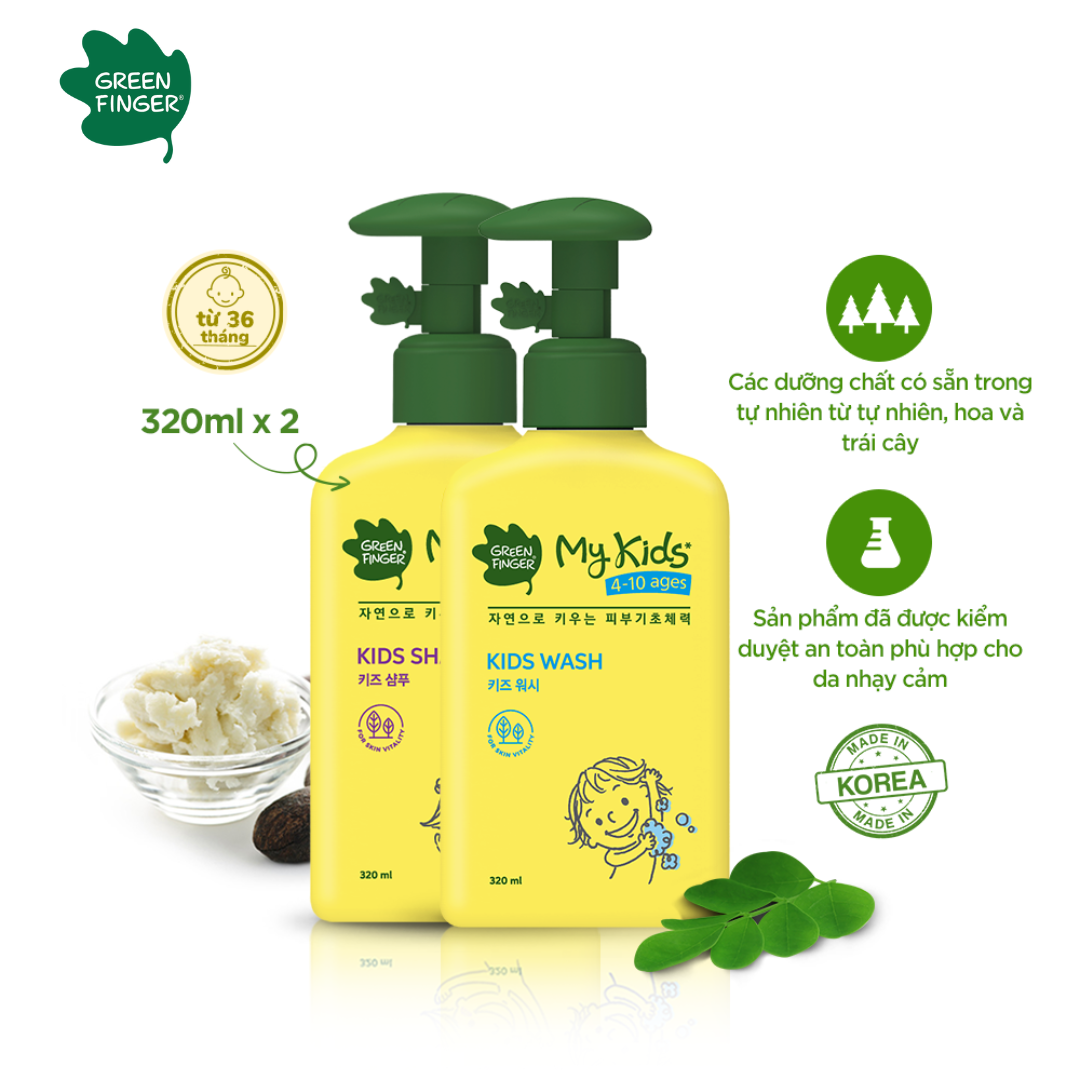 Combo 1 dầu gội và 1 sữa tắm dưỡng ẩm cho bé greenfinger mykids kids shampoo 320ml + wash 320ml