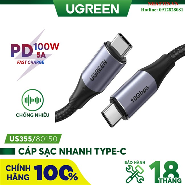 Cáp usb type-c to type-c 3.1 gen2 dài 1m tốc độ 10gbps, hỗ trợ 4k@60hz, pd 100w ugreen 80150 cao cấp