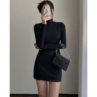 Váy Body Đen Cổ Cao Tay Dài Chất Len Tăm, Đầm Body Nữ