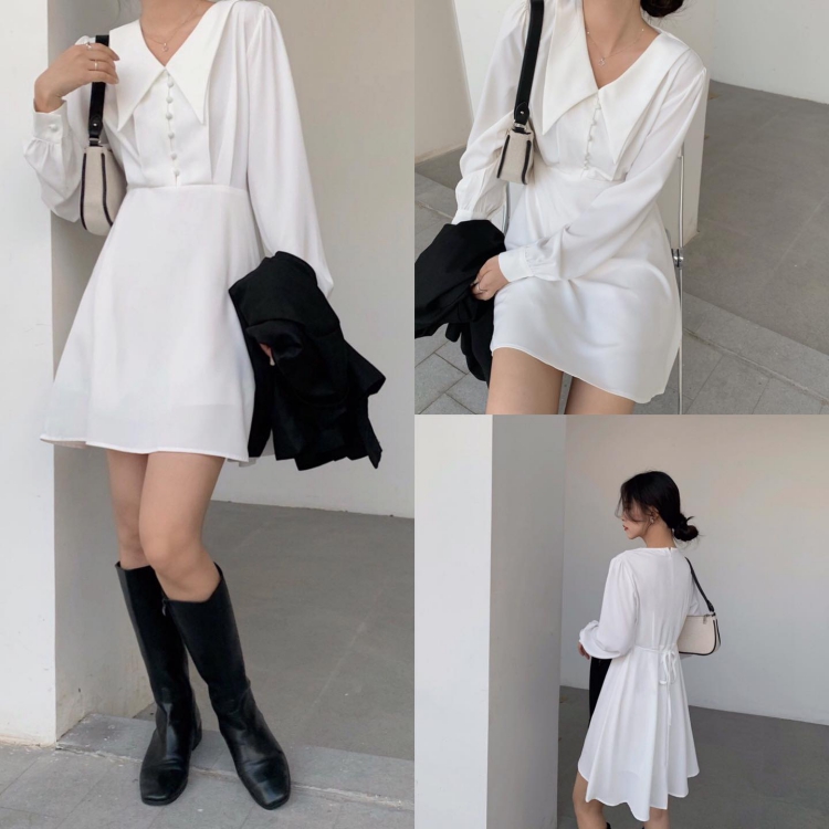 Minz Dress - Đầm tay dài cổ V nút bọc