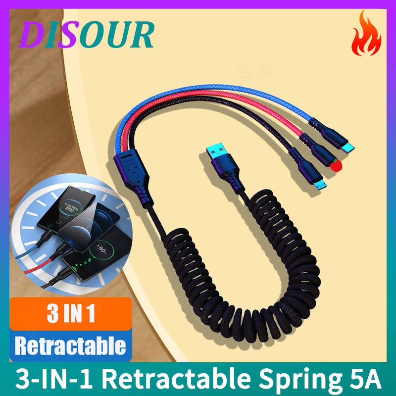 Disour cáp sạc siêu nhanh 5a lò xo thu vào 3 trong 1 chính hãng cáp sạc type-c lightning micro usb cho xiaomi redmi iphone samsung huawei dài 1.2m 1.8m