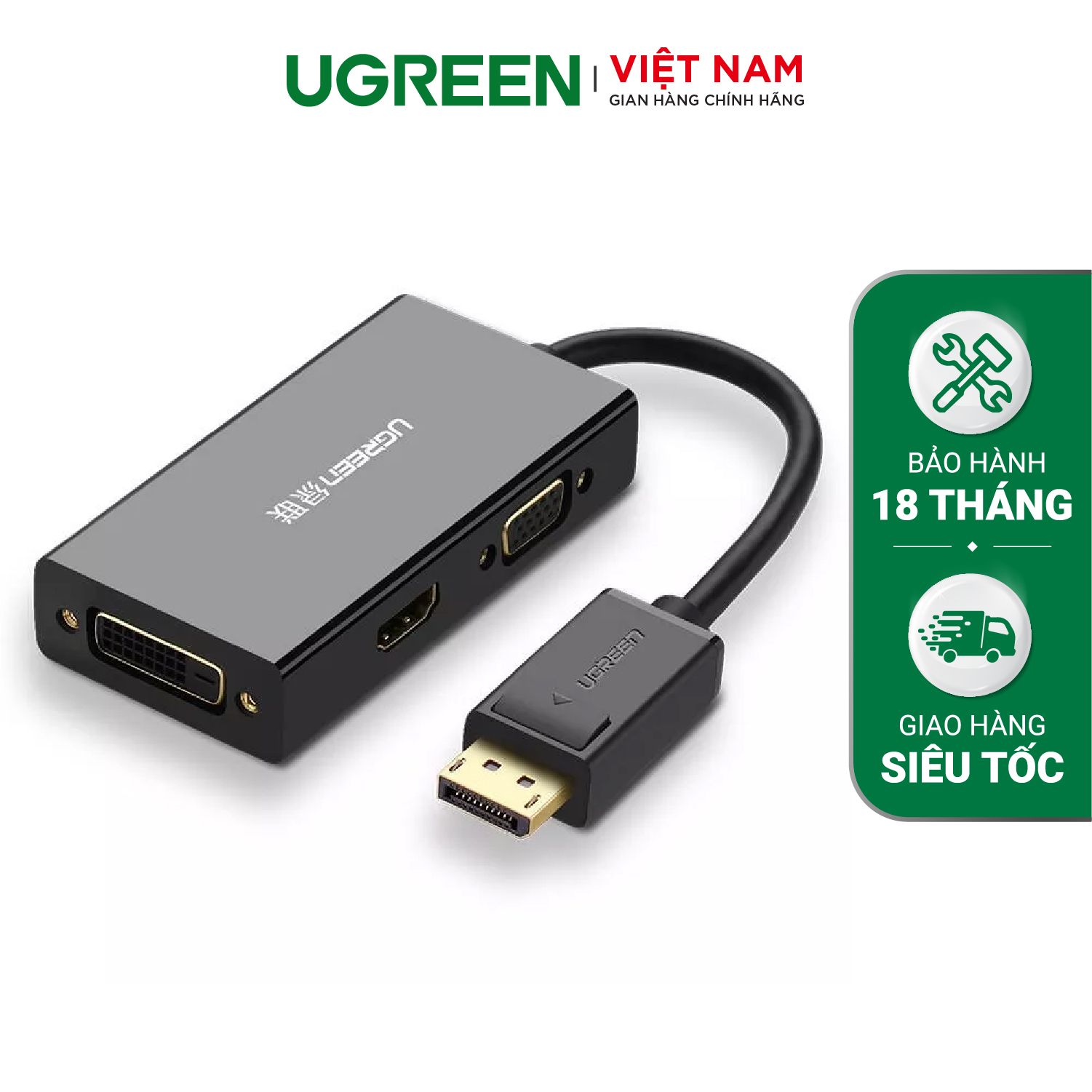 Cáp chuyển đổi đa năng 1 trong 3 từ displayport đầu đực sang hdmi + vga + dvi-d đầu cái ugreen dp110 20420 - hàng phân phối chính hãng - bảo hành 18 tháng