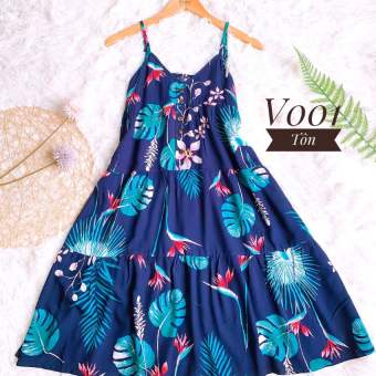 Váy đầm ngủ mặc nhà 2 dây BROSI V001 chất tole lanh mềm mát, họa tiết hoa lá dễ thương xinh xắn trẻ trung, thiết kế thời trang dáng xòe tầng