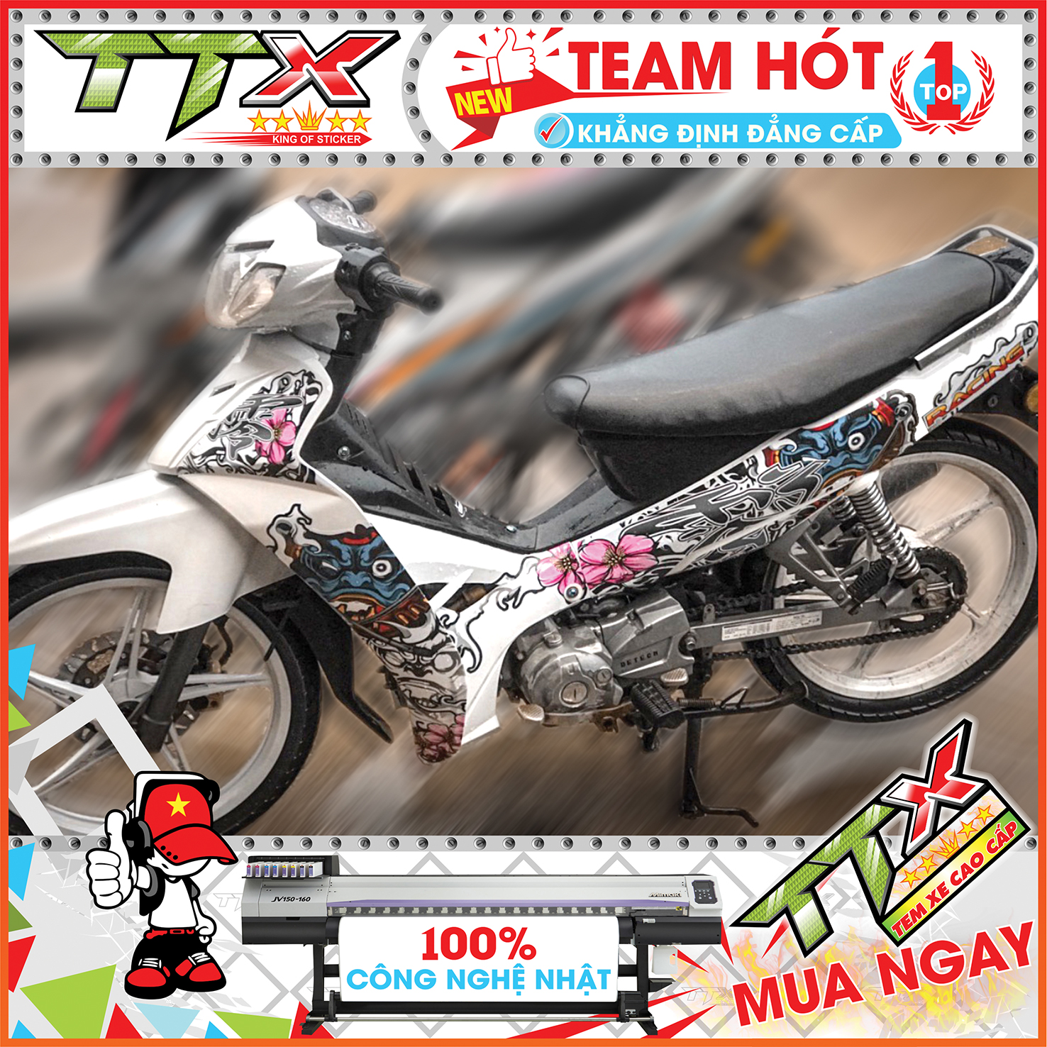 Tem chế sirius mặt quỷ daruma , Team rời sirius dán xe màu trắng xám tuyệt đẹp , Shop TTX Tem sirius
