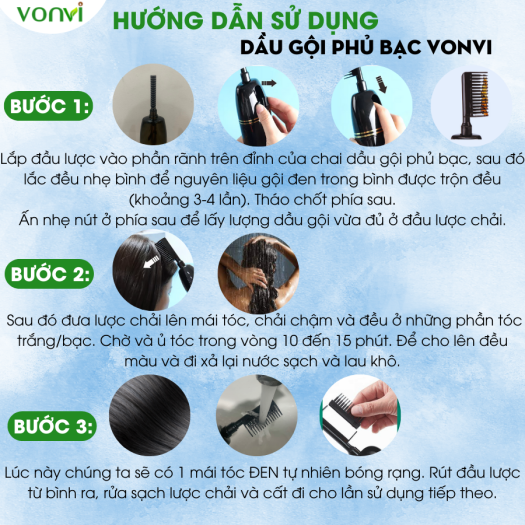Dầu gội phủ bạc đen tóc VONVI sau 10 phút với thiết kế lược chải 200ml