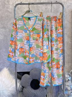 Đồ bộ tole lanh nữ mặc nhà quần dài, áo tay dài cài nút, viền màu F21 VNXK SHOP5SAO (43-75kg)-Link 2