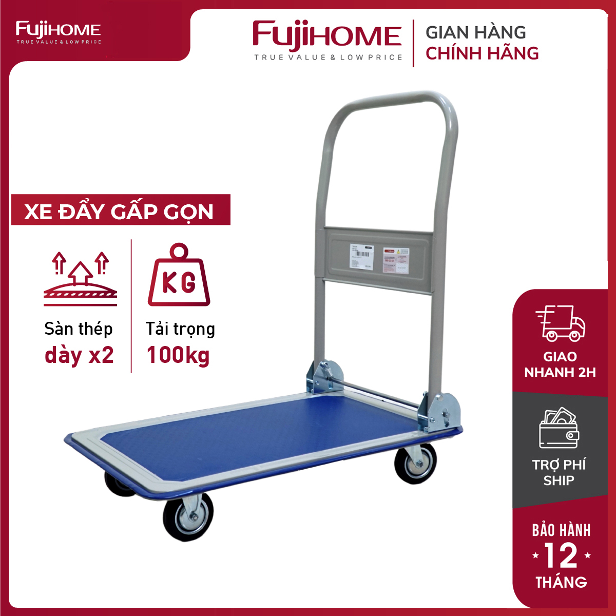 Xe đẩy hàng 4 bánh gấp gọn 100kg Nhập Khẩu  Fujihome SH150, bánh cao su siêu bền chống ồn, xe kéo hàng sàn thép gấp gọn đa năng xếp gọn - Bảo hành 1 năm