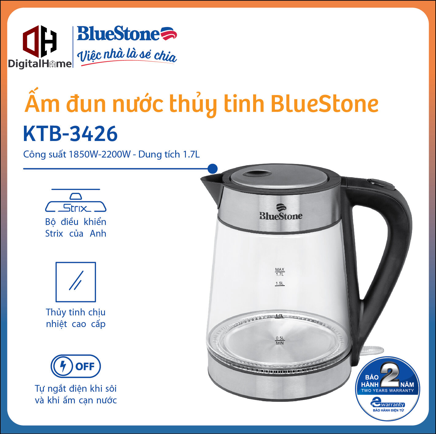 Ấm đun nước bluestone ktb-3426, dung tích 1,7lit, công suấ 2200w, bảo hành chính hãng 2 năm