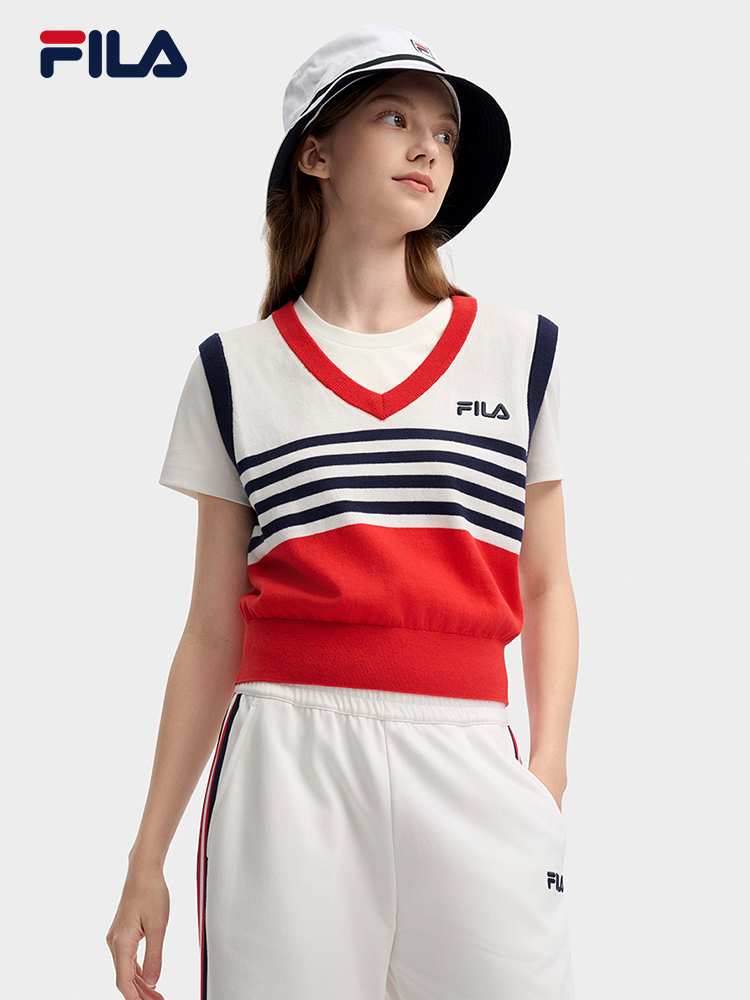 [NEW COLOR!] FILA CORE LIFESTYLE ORIGINALE FRENCH TENNIS CLUB Women Short Sleeve T-shirt + Sleeveless Knit Vest Set (Red / Blue)