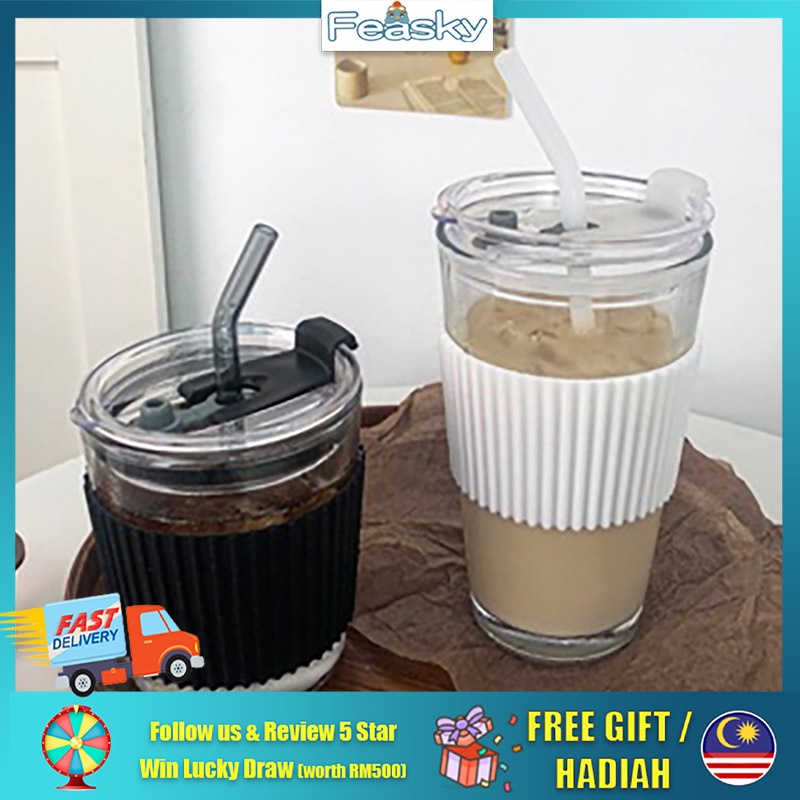 Gambar Coffee Cup Anti Scalding Travel Juice Coffee Mug Glass Tumbler With Straw Silicone Cover Lid Drinking Ins ???
