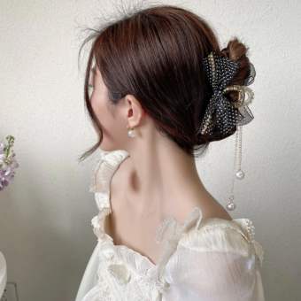 Kẹp tóc càng cua kim loại đính nơ ren chấm bi và hạt châu xinh xắn cỡ lớn dành cho bạn nữ