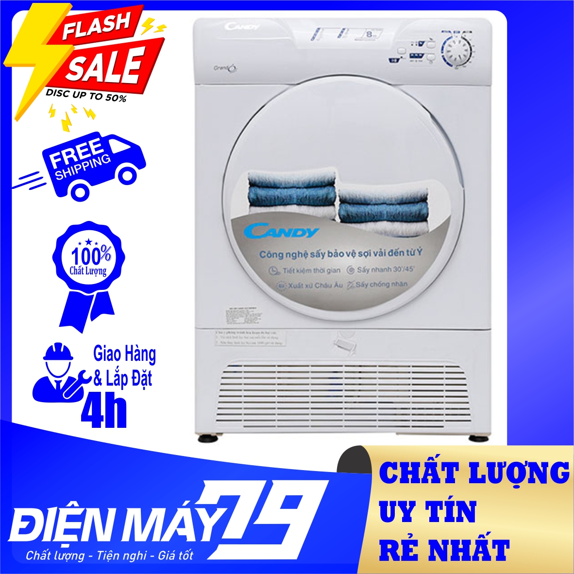 Máy sấy Candy 8 Kg GCC 580NB-S (Miễn phí giao hàng TPHCM-Ngoại tỉnh tính phí vận chuyển)