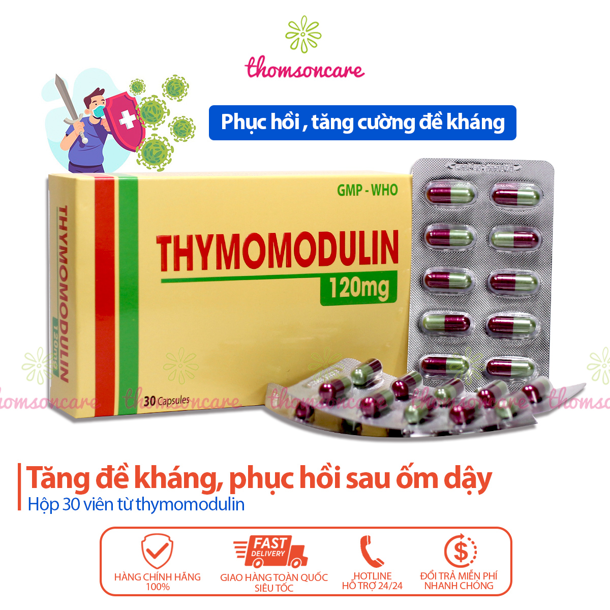 Thymomodulin 120mg tăng đề kháng, miễn dịch, giảm mệt mỏi bổ sung thymodulin hàm lượng cao hộp 30 viên