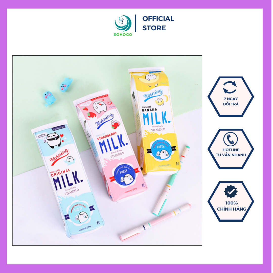 -Bộ 2 hộp đựng bút hình hộp sữa MILK cho bé, phối 2 màu khác nhau + Tặng kèm hình dán nam châm
