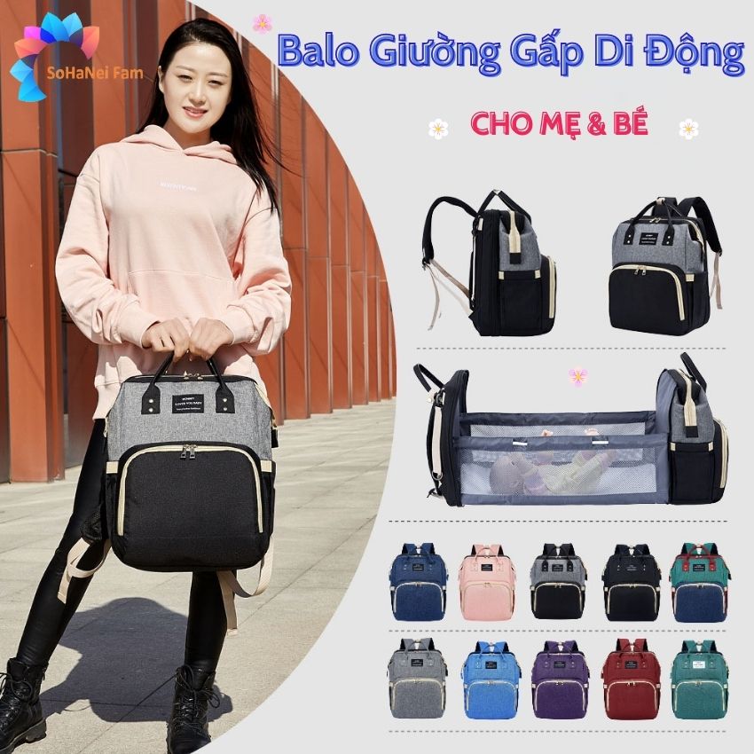 Balo Bỉm Sữa Đa Năng Tích Hợp Nôi Gấp Gọn Cho Bé, Nhiều Ngăn, Chống Bụi, Chống Thấm Nước, Có Ngăn Giữ Nhiệt -SOHANEI FAM- Balo Giường Gấp Di Động Cho Bé, Mommy Bag