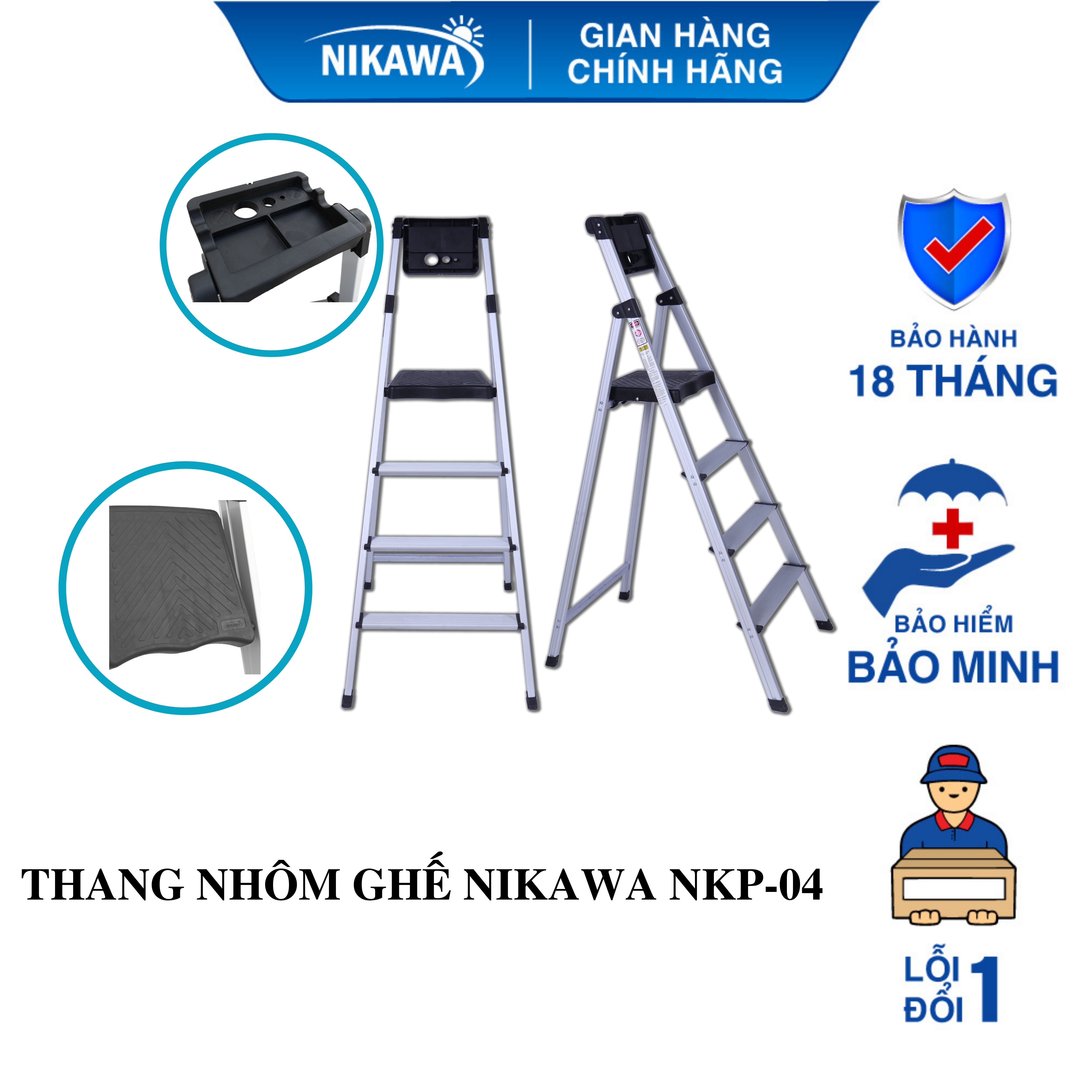 Thang nhôm ghế tay vịn nikawa nkp -3/4/5 bậc - bảo hành 18 tháng