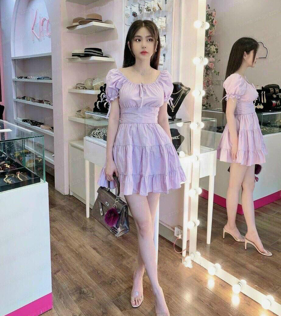 [Mẫu Hot] Sét Đồ Bộ Nữ Áo Nhún Bèo Cột Dây & Chân Váy Tầng Tông Màu Tím Thơ Mộng Thời Trang Kiểu Cách Đi Chơi, Đi Dự Tiệc D.ONE FASHION, Mẫu Free Size (40-55Kg) Mặc Vừa